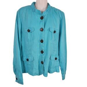 Relativity Women 100% Linen Jacket Teal Blue Size XL Lightweight Utility Pockets